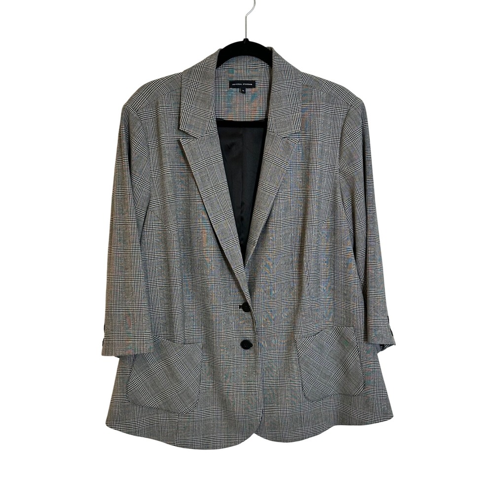 UNIVERSAL STANDARD Glen Plaid Blazer Jacket Size M Black Grey 3/4 Sleeve Office